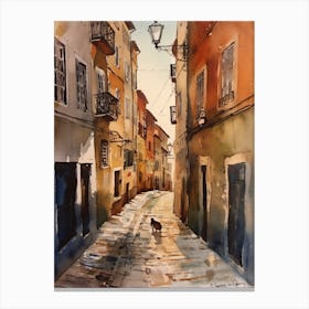 Painting Of Lisbon Portugal With A Cat In The Style Of Watercolour 3 Canvas Print