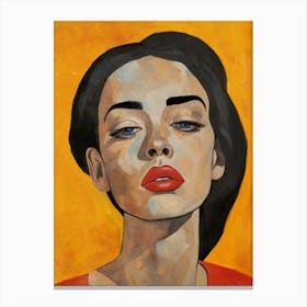Woman's Portrait with Red Lips on a Yellow Background. Canvas Print