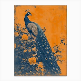 Orange & Navy Blue Floral Cyanotype Inspired Peacock 1 Canvas Print