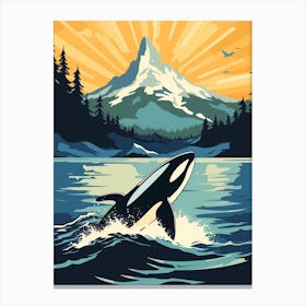 Retro Poster Style Orca Diving Out Of Ocean Canvas Print