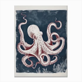 Retro Linocut Octopus With Blue Background 2 Canvas Print