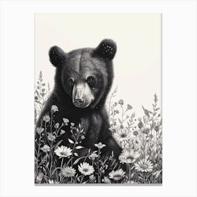 Malayan Sun Bear Cub In A Field Of Flowers Ink Illustration 4 Canvas Print