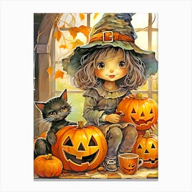 Halloween Girl With Pumpkins and cat Canvas Print