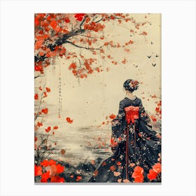 Elegant Japanese Woman in Kimono | Traditional Asian Art | Cherry Blossom Tree Painting Canvas Print