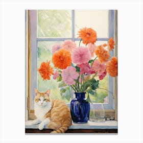 Cat With Anemone Flowers Watercolor Mothers Day Valentines 3 Canvas Print