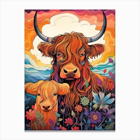 Colourful Doodle Highland Cow With Calf Illustration  Canvas Print