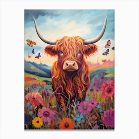 Digital Portrait Of Highland Cow & Butterflies 1 Canvas Print
