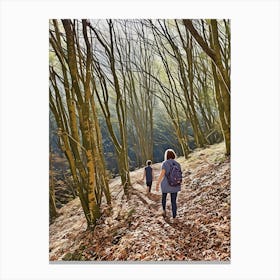 Autumn Walk in the Forest. Walking along a leaf-covered path in a dense forest. The trees are tall and their branches form a canopy overhead, with sunlight filtering through the leaves, creating a serene and picturesque scene. 2 Canvas Print