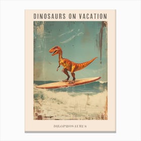 Vintage Dilophosaurus Dinosaur On A Surf Board 1 Poster Canvas Print