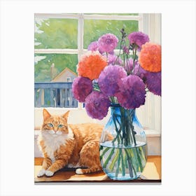 Cat With Allium Flowers Watercolor Mothers Day Valentines 2 Canvas Print