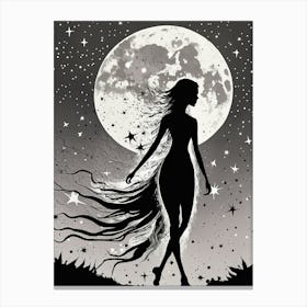 Silhouette of a Woman Walking Under the Moonlight Canvas Print