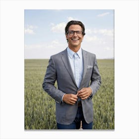 Businessman Smartly Dressed In A Grey Suit With Crisp Button Down Shirt And Jeans Stands Confident (2) Canvas Print