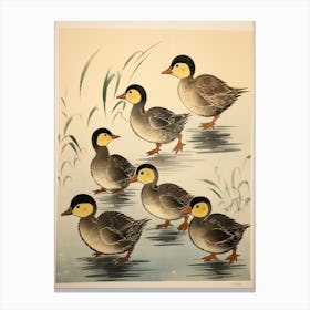Illustration Of Ducklings Japanese Woodblock Style Canvas Print