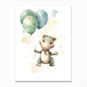 Baby Alligator Flying With Ballons, Watercolour Nursery Art 1 Canvas Print