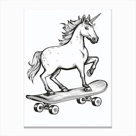 Unicorn On A Skateboard Black And White Doodle 2 Canvas Print