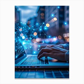 Person Using A Laptop In A City At Night 1 Canvas Print