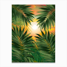 Sunset In The Jungle - A stunning and vivid illustration of palm leaves against a bright Canvas Print