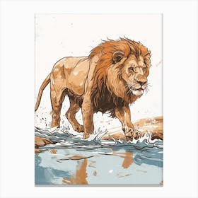 Barbary Lion Crossing A River Acrylic Painting 2 Canvas Print