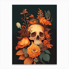 Skull With Floral Patterns 1 Orange Botanical Canvas Print