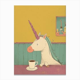 Pastel Storybook Style Unicorn Drinking Coffee In A Cafe 2 Canvas Print
