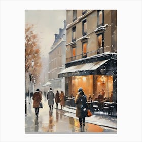 Paris cafes, winter season, Christmas, autumn oil colors, pale colors, pedestrians in the street, winter clothes, falling snow.11 Canvas Print