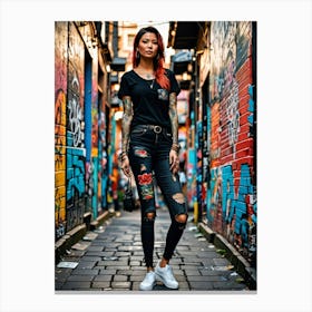 The Steel Siren: A Tattooed Woman in a Factory Melbourne Street Style Canvas Print