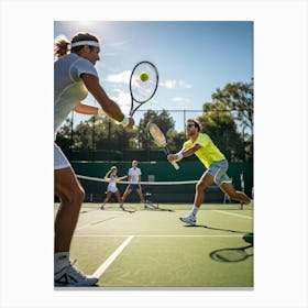 An Energetic Tennis Match In Progress At An Outdoor Courts Players Lobbing Yellow Tennis Balls With (1) Canvas Print