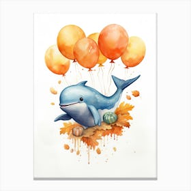 Whale Flying With Autumn Fall Pumpkins And Balloons Watercolour Nursery 2 Canvas Print