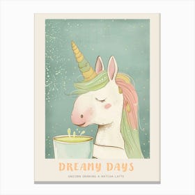 Pastel Storybook Style Unicorn Drinking A Matcha Latte 2 Poster Canvas Print