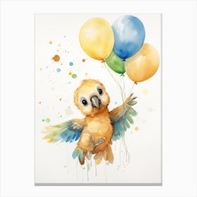 Baby Parrot Flying With Ballons, Watercolour Nursery Art 1 Canvas Print
