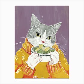 Grey Cat Eating Salad Folk Illustration 2 Canvas Print