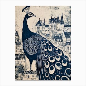 Peacock Blue Linocut Inspired With A Castle In The Background 2 Canvas Print