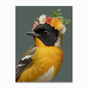 Bird With Flower Crown European Robin Art Canvas Print