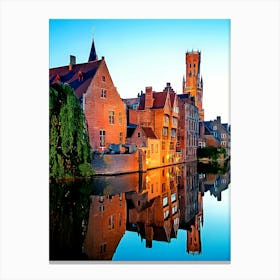 Reflection Of Belfry And Buildings Along Canal In The Historic City Center At Dusk, Bruges Canvas Print