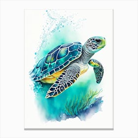 Sea Turtle In Deep Ocean, Sea Turtle Watercolour 2 Canvas Print