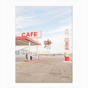 Route 66, USA I Mythical historic Roy's Cafe and Motel gas station in a California desert landscape photography in an American retro vintage american countryside with summer light pastel red and blue aesthetic Canvas Print