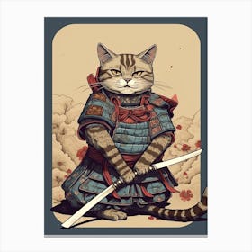 Cute Samurai Cat In The Style Of William Morris 10 Canvas Print
