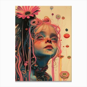 Illustration of Fairy kid Girl with Pink Hair in bloomy dream Canvas Print