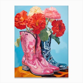 Oil Painting Of Pink And Red Flowers And Cowboy Boots, Oil Style 12 Canvas Print