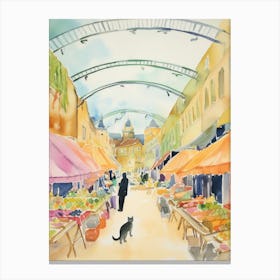 Food Market With Cats In Bath 2 Watercolour Canvas Print