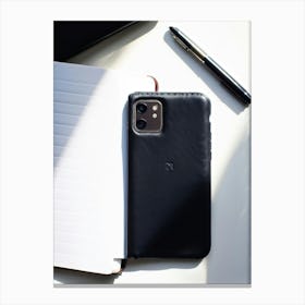 Black Leather Phone Case Open Mock Up Format Accompanied By A Notebook And Ballpoint Pen Arrange 1 Canvas Print