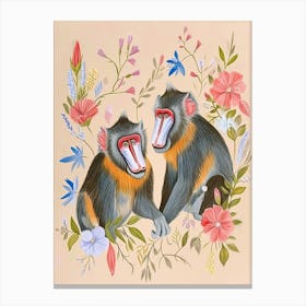 Folksy Floral Animal Drawing Baboon 3 Canvas Print