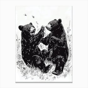 Malayan Sun Bear Playing Together In A Meadow Ink Illustration 2 Canvas Print
