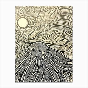 Bioluminescent Octopus Linocut Canvas Print