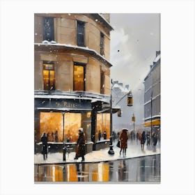 Paris cafes, winter season, Christmas, autumn oil colors, pale colors, pedestrians in the street, winter clothes, falling snow.Christmas decorations.12 Canvas Print