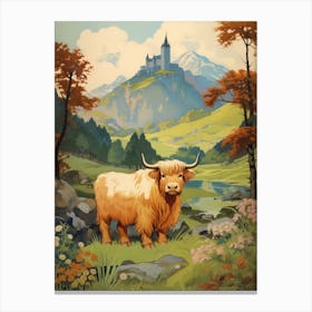 Blonde Highland Cow With Castle In The Background Canvas Print