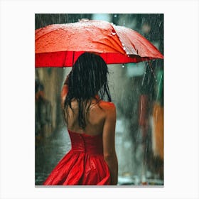 Woman In Red Dress In The Rain Canvas Print