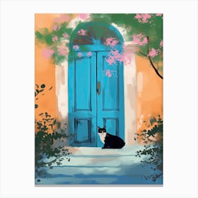 Black And White Cat Mediterranean Blue Door Canvas Print