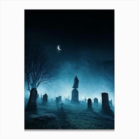 Halloween Themed Digital Painting Mist Weaving Through An Ancient Cemetery Under A Clouded Moonlit (1) Canvas Print