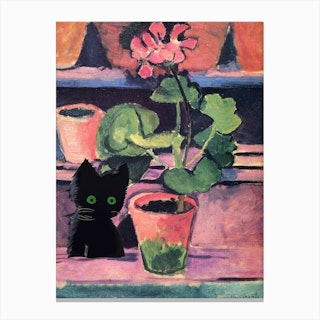 Pot Of Geraniums Cat Canvas Print